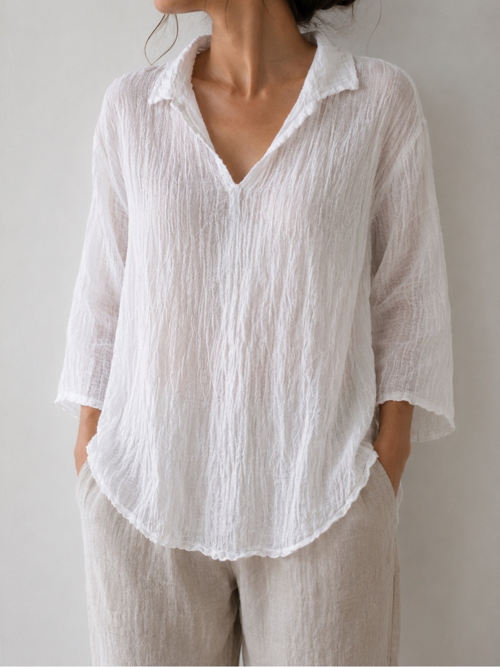 Made in Italy White Cotton Gauze Blouse S Crinkled Sheer Lightweight Relaxed Fit